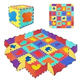 Alfombra Puzzle Bebé con Valla 145x145 cm - 36 Piezas Alfombra Infantil Tapete de Juego | EVA Segura | Motivos Animales Educativos | Antideslizante | Impermeable | Guardería/Hogar