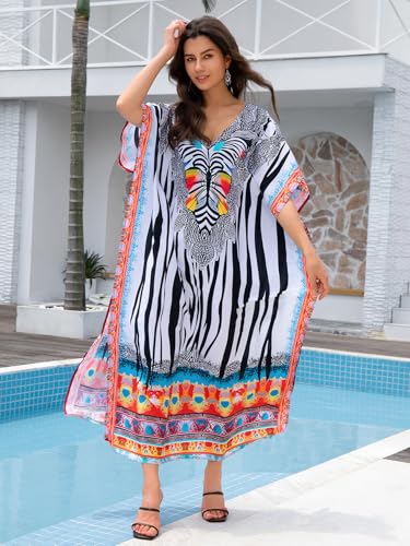 Image of KECVOT Kaftan Dresses for Women V-Neck Print Swimsuit Cover Up Plus Size Beach Caftan Lounge Dress