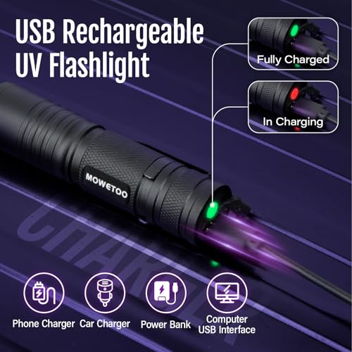 MOWETOO UV Taschenlampe Aufladbar - Mini LED UV Lampe Schwarzlicht Taschenlampe, 395nm Zoombare Ultraviolettes Licht Torch für Urinuntersuchung von Haustieren, Geldscheinkontrolle