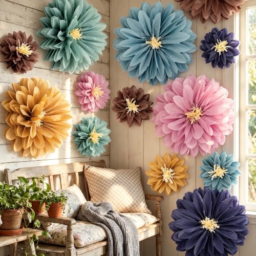 Image of Watersay 12 Pcs 10 inch 20 inch Large Tissue Paper Flowers, Bohemian Color