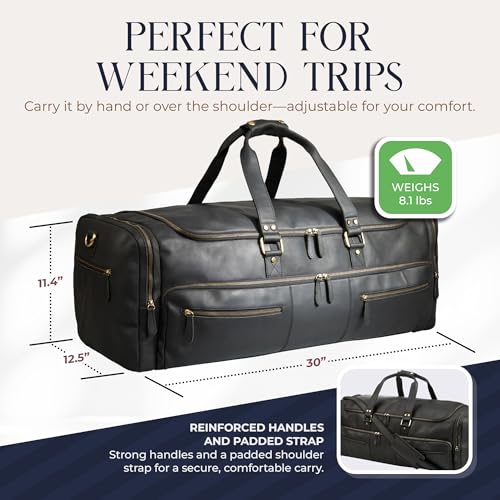 Luxorro Full Grain Leather Duffle Bag for Men | Large Weekender & Road Trip Bag | 30 Inch, 70L Capacity | Mens Overnight Travel & Gym Duffel | Black4