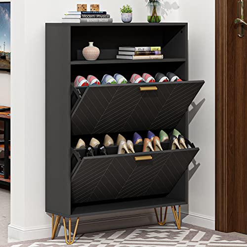 Modern Entryway Shoe Storage Cabinet with Flip Drawers and Hidden Organizer - Black