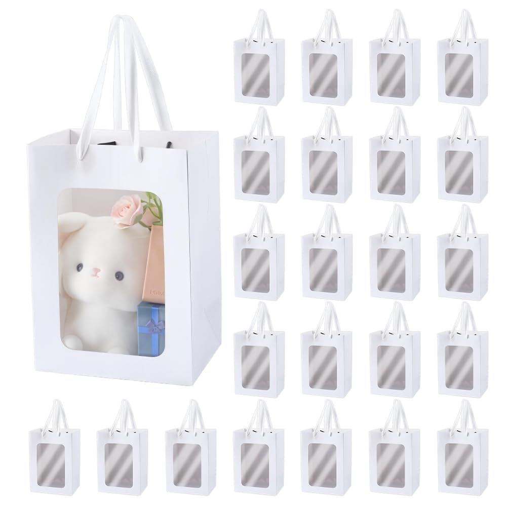 NBEADS 24 Pcs Kraft Paper Bags with Window, 17.8x13x24.8 cm Gift Bag with Handles Gift Bag with Clear Window for Candy Cookies Packaging Wedding Christmas Party Store Retail, White