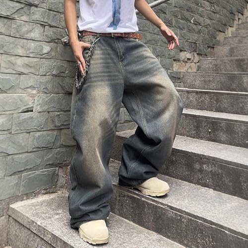 Mens Straight Leg Jeans Black Causal Loose Fit Long Trousers Streetwear Renaissance Distressed Fashion Pants4