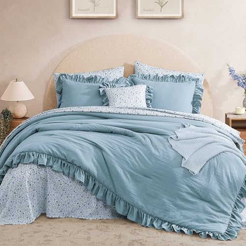 Queen Comforter Set - 7 Pieces Ruffle Blue Bedding Sets, Shabby Chic Farmhouse Bed in a Bag Queen with Ruffle Comforter, Floral Sheets, Pillowcases & Shams