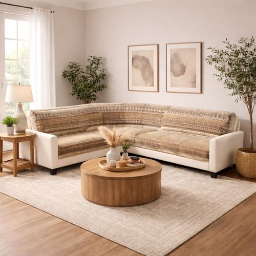 Image of Elegant Woven Brown Sofa Cover - Soft Chenille Traditional Pattern with Lace Style | L-Shape Sectional Seat Protector for Living Room | Durable & Stylish Slipcover 6 Seater L Shape