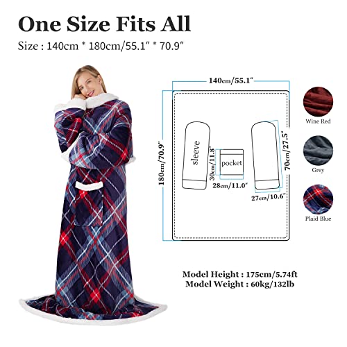 Winthome Kuscheldecke mit Ärmeln Dick, Wolldecke Warm Winter, Sherpa Decke mit Tasche, Fleecedecke Weich Kuschelig, Blanket für Erwachsene Geschenke Sofadecke Heizkosten Sparen(Blau kariert 140x180cm) - Image 7