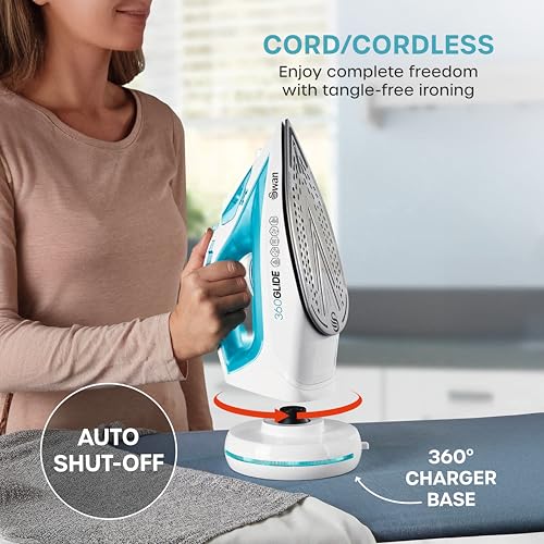 Swan SI16410N 2-in-1 Cord or Cordless Steam Press Iron, Non-Stick Ceramic Soleplate, 2800W, Blue - Image 4
