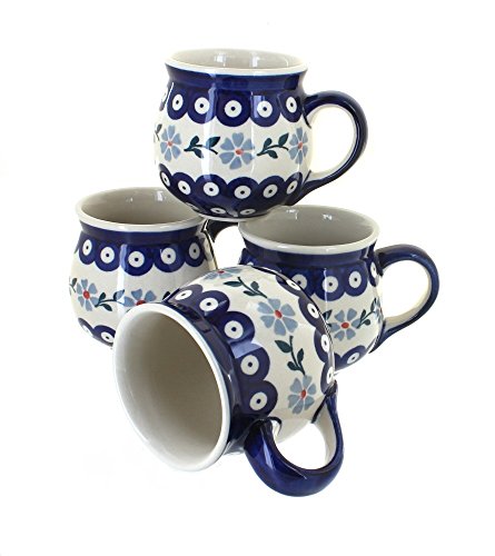 Blue Rose Polish Pottery - Blue Blue Violet 4 Piece Bubble Mug Set - 4 10 oz Mugs - Uniquely Shaped Mug Set for Entertaining Guests