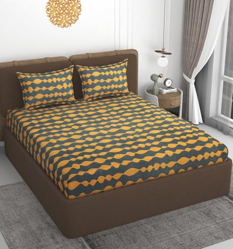 Image of VOMZER 300 TC Cotton Feel All Around Elastic Fitted Queen Size Printed Bedsheets, Supersoft Elastic Fitted Double Bedsheet with 2 Pillow Covers, Size 60x78x8 Inches White