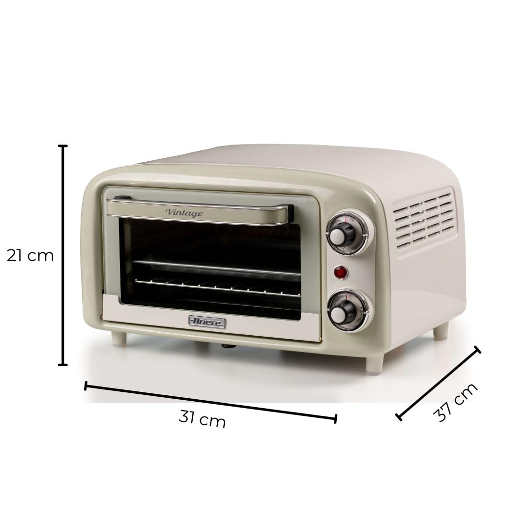 Ariete 3919 Vintage Minibackofen, 10 L, 800W, 230°C, 60-Minuten-Timer, Edelstahl-Grill, Doppelverglasung, Beige
