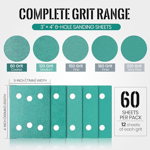 Image of 60 Pcs 3 inch x 4 inch 6 Hole Sanding Sheets Compatible with Surfprep, Sandpaper 80, 120, 150, 180, 220 Grit (12 of Each), Compatible with Surfprep&Uneeda Ekasand&Mirka Deos 343 Sandpaper Sanders