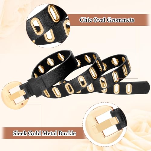 Skinny Grommet Belt Set, Black Belt with Gold Buckle for Women Dresses Jeans2