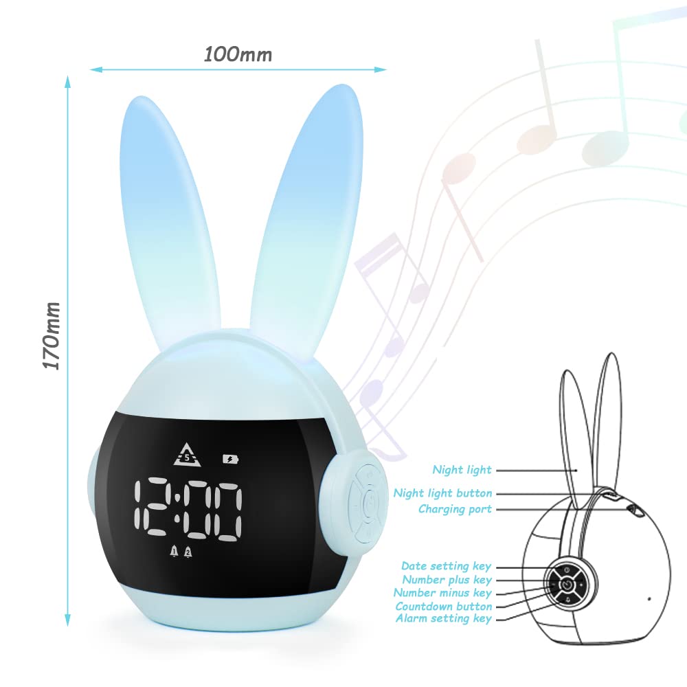 Vicloon Sveglia Bambini da Comodino, Sveglia Digitale per Bambini, Sveglia per Bambini con Funzione Snooze, Timer, 6 Suonerie, 4 Volumi, Luce Regolabile All'infinito, USB Ricaricare, Coniglio Blu