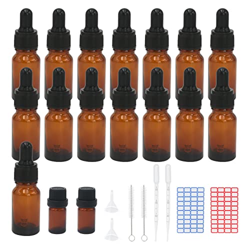 15 Stück 10ml Pipettenflasche, Tropfflasche Braunglasflaschen Set inkl. 5ml mit schwarzer Pipettenkappe und Hilfszubehör für Ätherische Öle Parfüm Lösungen DIY-Probenmischungen (10ml)