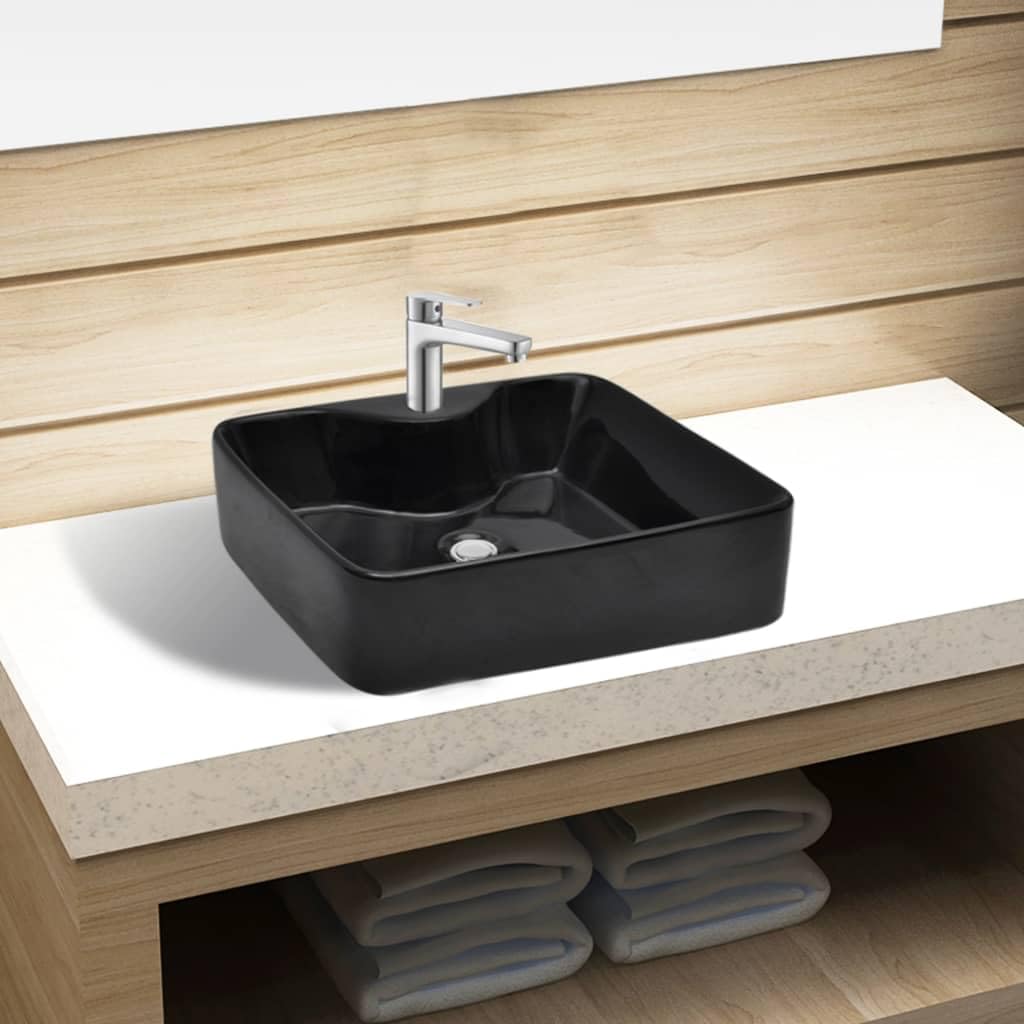 vidaXL Lavabo Cuadrado Cerámica Negro Orificio de Grifo y Desagüe