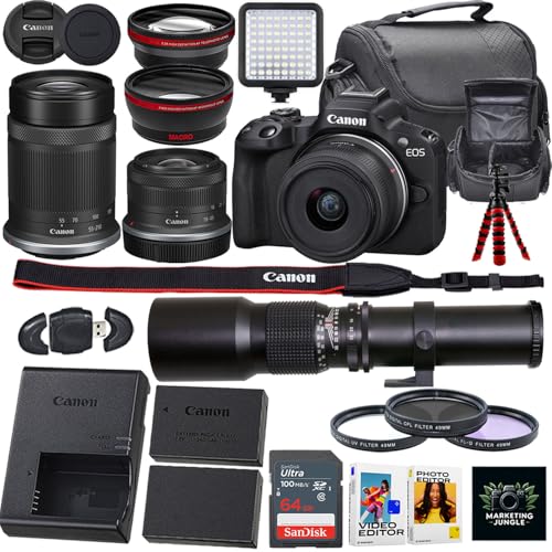 Canon EOS R50 Mirrorless Camera w/Canon RF-S 18-45mm f/4.5-6.3 is STM Lens + Canon RF-S 55-210mm f/5-7.1 is STM Lens + 500mm Lens (Manual)+ Extra Battery + 64GB Memory + More (21pc Bundle) (Renewed)