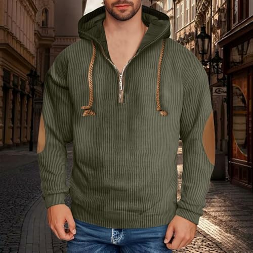 Mens Casual Corduroy Hoodies 1/4 Button/Zipper Outdoor Travel Long Sleeve Fall Pullover Sweatshirt with Elbow Patches4