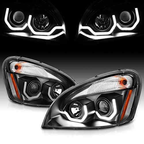 AmeriLite Projector Black Replacement Halogen Headlights Dual LED Bar Set For 2008-2020 Freightliner Cascadia (Pair) High/Low Beam Bulb Included, Vehicle Light Assembly