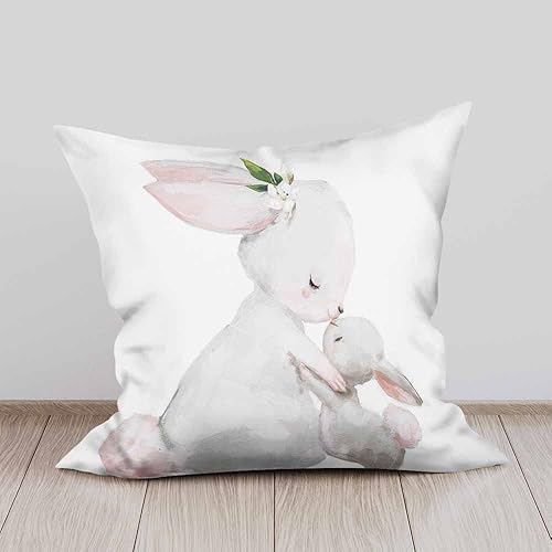 Miniatura 3 de Beabes Juego de 2 fundas de almohada cuadradas con dibujos animados de conejitos grises para bebé y madre con flores blancas y hojas en acuarela,
