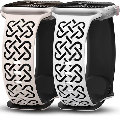 Minyee 2 Pack Engraved Bands Compatible with Apple Watch Band 38/40/41/42/44/45/46/49mm, Soft Silicone Cute Two-Tone Celtic Knot Pattern Sport Strap for iWatch Series 11 10 9 8 7 6 5 4 SE/Ultra 3 2 1