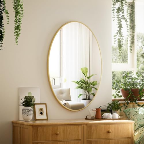 VooBang Gold Oval Bathroom Mirror, 20 x 28 inch Modern Oval Wall Mounted Vanity Mirror with Tempered Glass Hanging Horizontally or Vertically, Gold