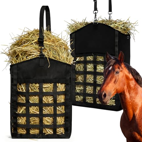 ZHIYUEJING 2 Pack Hay Bags for Horses,Goats,Sheep, Horse Hay Nets with Adjustable Straps, Large Top Opening Hook-and-Loop Seals, Durable Hay Feeder for Equine & Livestock