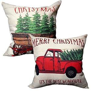 Songtec Christmas Throw Pillow Covers 18×18 Inches, Tree and Red Vintage Truck Farmhouse Decorations Outdoor Patio Pillowcases Cushion Home Décor