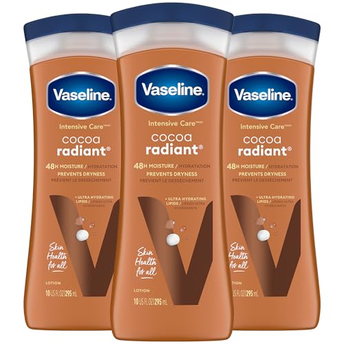 Vaseline Cocoa Radiant 3-Pack – Intensive Care Moisturizing Hand and Body Lotion with Ultra-Hydrating Lipids, Pure Cocoa Butter, 10 Oz Ea
