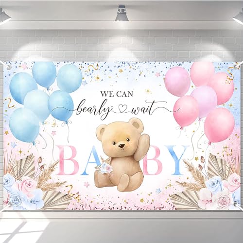 Avezano Boho Bear Gender Reveal Backdrop Banner Boho Floral We Can Bearly Wait Gender Reveal Decorations Pampas Grass He or She Baby Shower Party Decor (6x3.6ft)