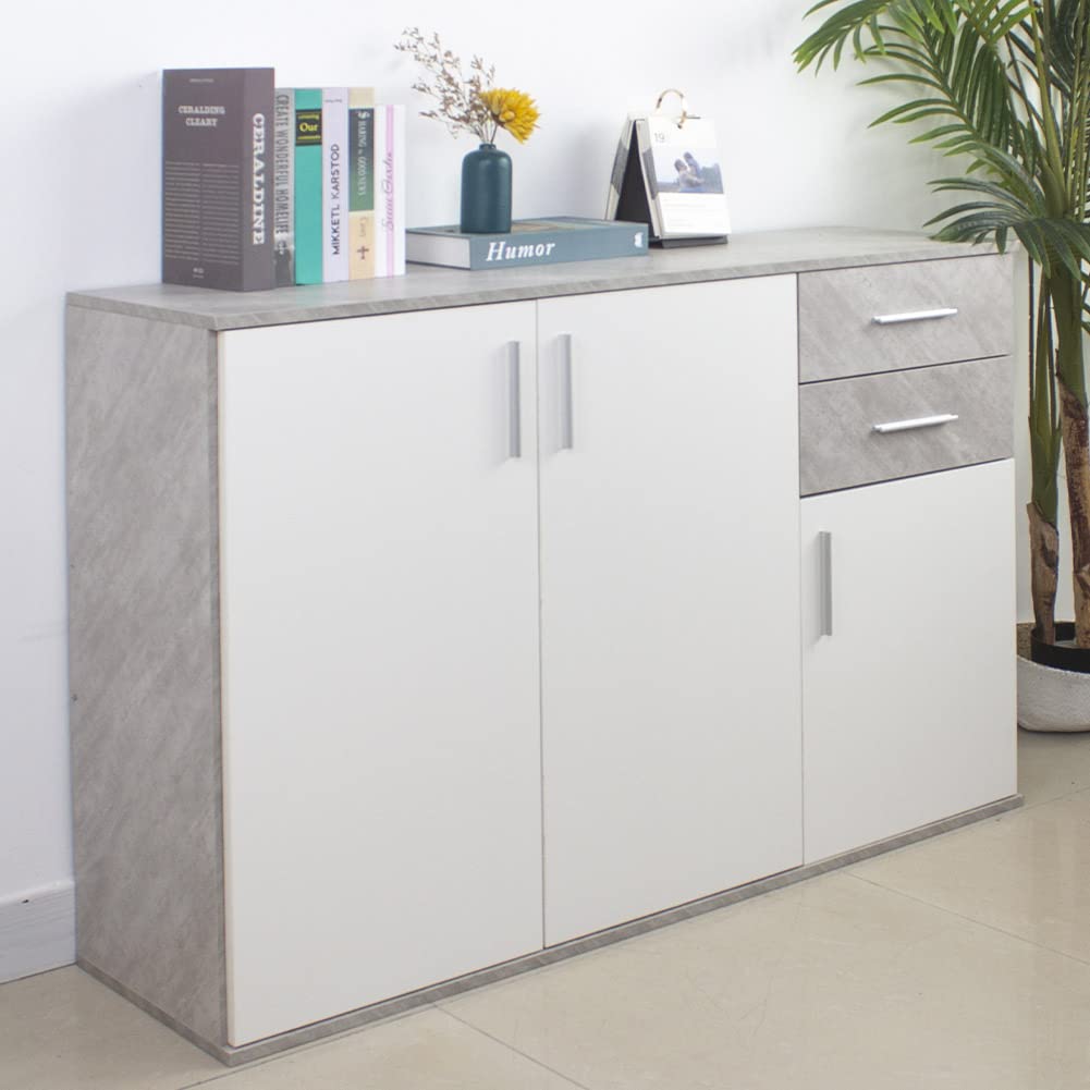 BAKAJI Madia Armadietto Armadio 3 Ante 2 Cassetti, Mobile Mobiletto Design Minimal Camera da Letto, Soggiorno, Arredamento Casa Ufficio, Resistente Robusto Multiuso (Cemento e Bianco)