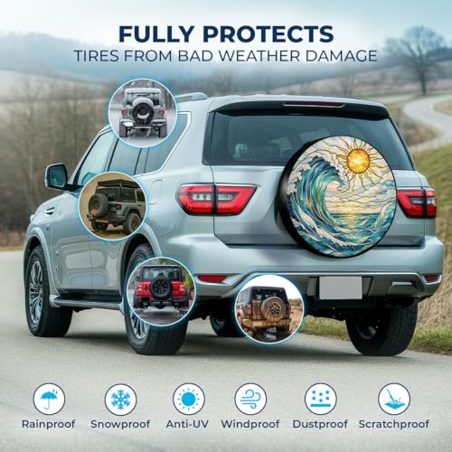 Image of GENANY Beautiful Beach and Sun Father's Day PVC Spare Tire Cover for RV Trailer, Waterproof, Size 16 Fits 29-31 Inch