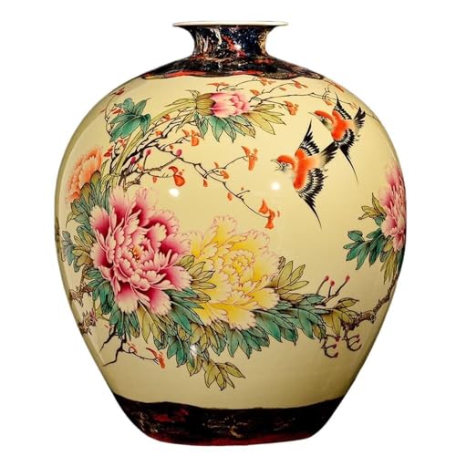 DYSDXNN(小さな店) シノワズリ 大きな花瓶 手描きの牡丹フラワーアレンジメント 木製ベース付き 中国のリビングルーム テレビキャビネット 装飾クラフトコレクション オーナメント デスクトップアレンジメント 装飾花瓶のサムネイル