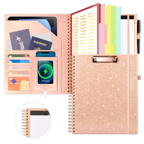 clipboard with storage for men women leather padfolio portfolio organizer 5 folders with 10 pockets spiral clipboard folio with notepad for letter size elastic closure and pen loop rose gold