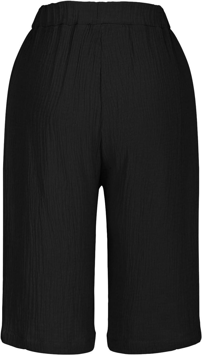 Women Casual Bermuda Shorts Summer Slit Hem Vacation Beach Shorts Drawstring Wide Leg Loose Bermuda Pants with Pocket