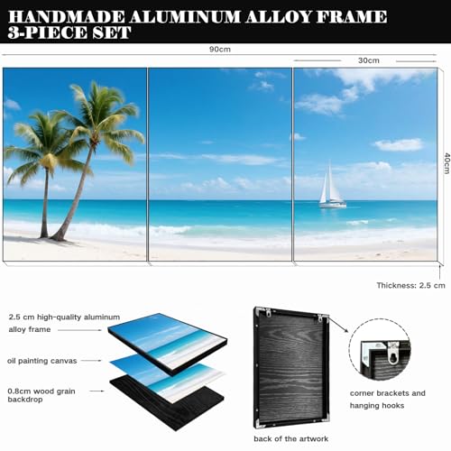 日光に照らされた霞んだ砂浜と波打つ海の美しい景色を描いた風景の北欧風モダン絵画。キャンバスに描かれた壁掛けアートプリントで、アルミニウム合金フレーム付き。耐久性のある頑丈なバックボード、厚さ2.5cm、サイズ40x30cmの3枚セット。 [5]