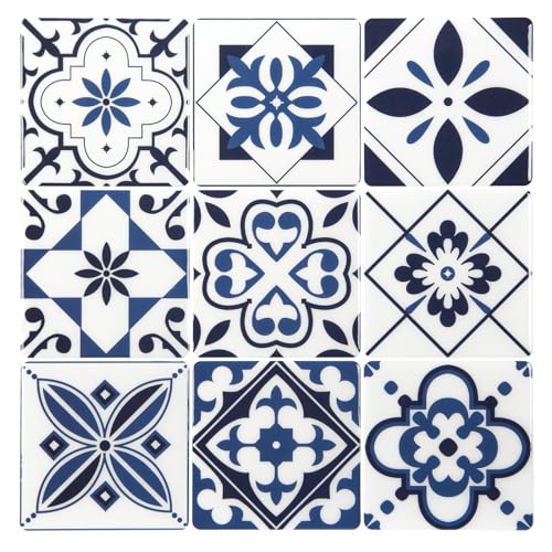 LONGKING Peel and Stick Backsplash Tile Stickers, Admiral Blue Geometric-Shaped Pattern Tile for Kitchen, Stick on Wall Tiles (10 Sheets)
