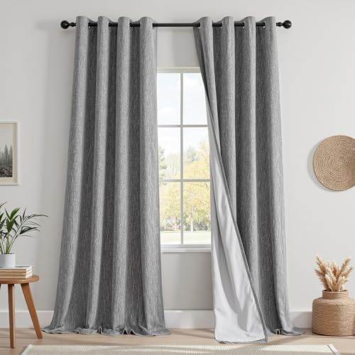MYSKY HOME Cortinas 100% opacas con ojales, cortinas opacas, de mezcla de lino, térmicas, protección contra el frío, para dormitorio, juego de 2 unidades, 245 x 140 cm, gris oscuro