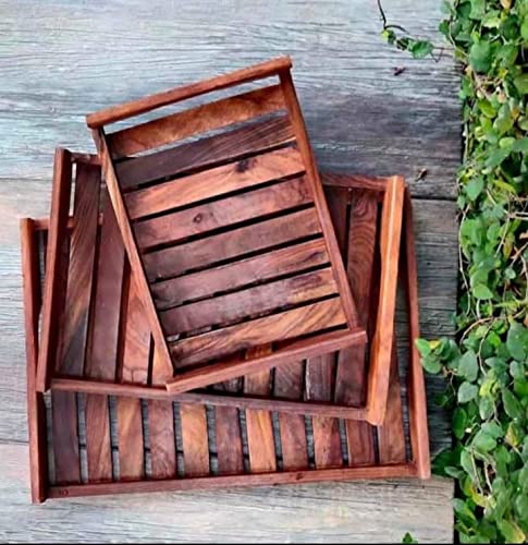 MAHERA Crafts Wooden Serving Trays with Handles for Kitchen and Dinning (Set of 3 Brown)