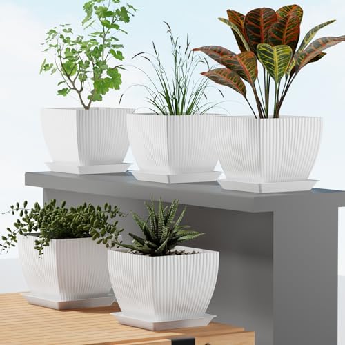 Image of ELUVIA 7-inch Square Planters with Saucers (Set of 5) - Modern Fluted Flower Pots with Drainage Holes and Trays - Premium Plastic Indoor Outdoor Plant Pots for Succulents, Flowers (White)