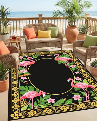 Tapete exterior 2'x3' con diseño tropical y doble borde miniatura 2
