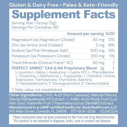 Image of BodyHealth PerfectAmino Electrolytes Powder No Sugar, Keto Sugar Free Fasting Electrolytes Drink Mix, Hydration Powder with Trace Minerals - Mixed Berry - 60 Servings