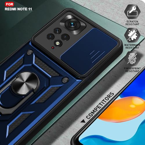 Image of AESTMO Tough Armor Redmi Note 11 / 11S Bumper Back Case Cover | Ring Holder & Sliding Camera Shield Cover | 360 Degree Protection Back Case Cover for Redmi Note 11 / 11S (Blue)