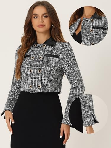 Allegra K Tweed Plaid Blazer for Women's Contrast Collar Double Breasted Vintage Cropped Jackets2