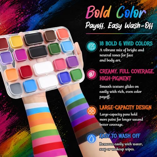 Image of BOBISUKA 18 Color Water-Activated Cream Face Paint Palette, Washable Face & Body Painting Kit with Extra Black & White Pans and Brushes for Halloween, Cosplay, Carnival, SFX & Costume Makeup