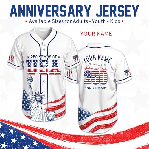 Camiseta personalizada para béisbol USA 250th Anniversary para hombres, mujeres y jóvenes miniatura 3