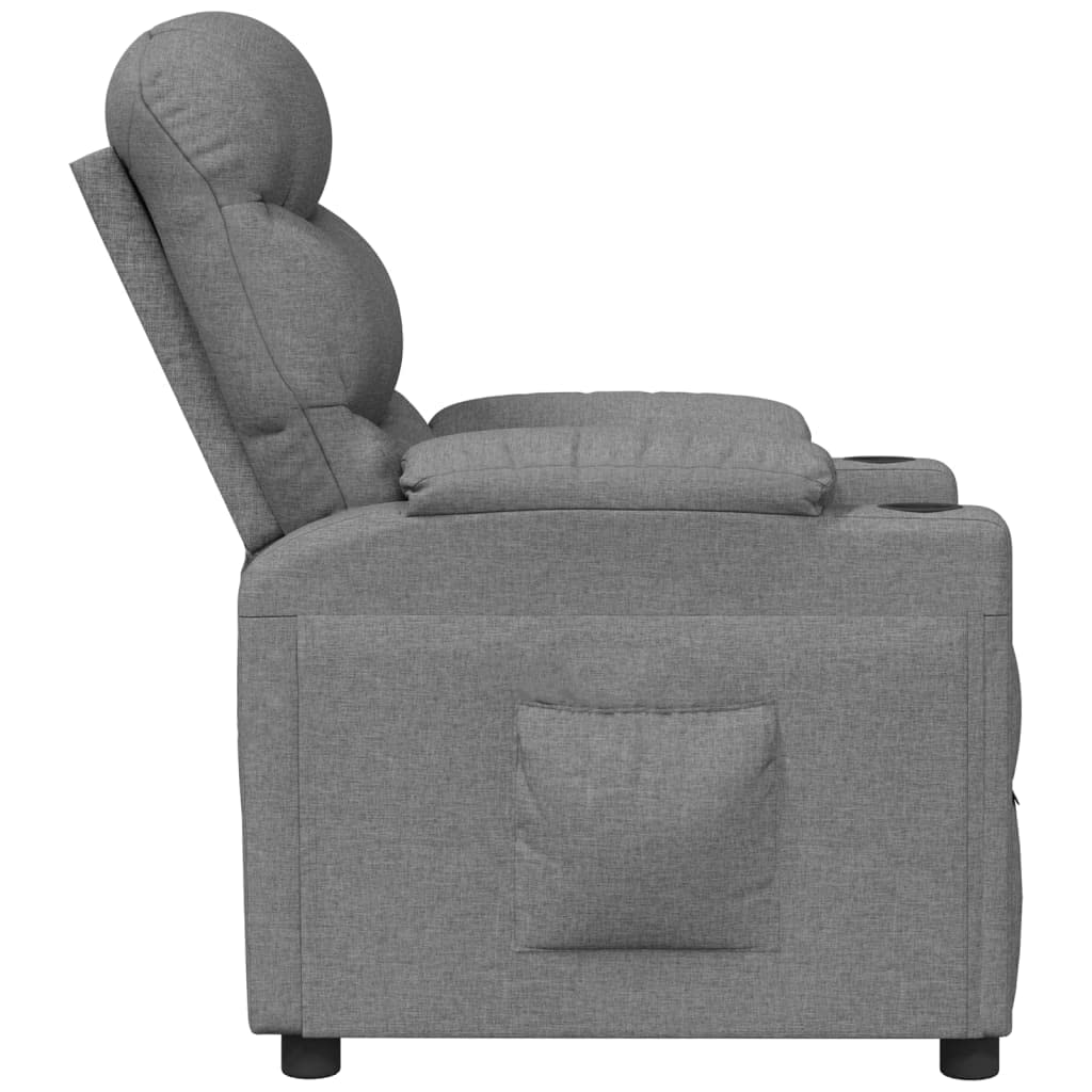 Fotel relaksacyjny, jasnoszary, materiał z ręczną funkcją leżenia, regulowane oparcie i podnóżek, drewniana rama metalowa, ergonomiczny fotel do salonu, biura i kącika do czytania