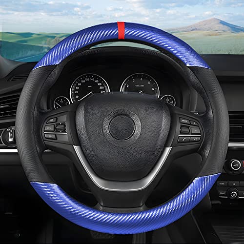 Image of Osilly Car Steering Wheel Cover, 15 inch Anti-Slip Steering Wheel Protector, Carbon Fiber & Microfiber PU Leather Steering Wheel Cover for Women and Men, Universal Fit for Most Vehicles (Blue)