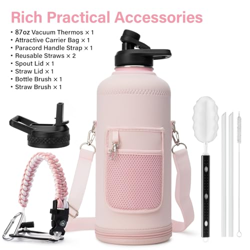Insulated Water Bottle | Thickened Stainless Steel for Gym and Hiking with Straw, Carrier Bag, Handle Strap | BPA-Free 87 oz