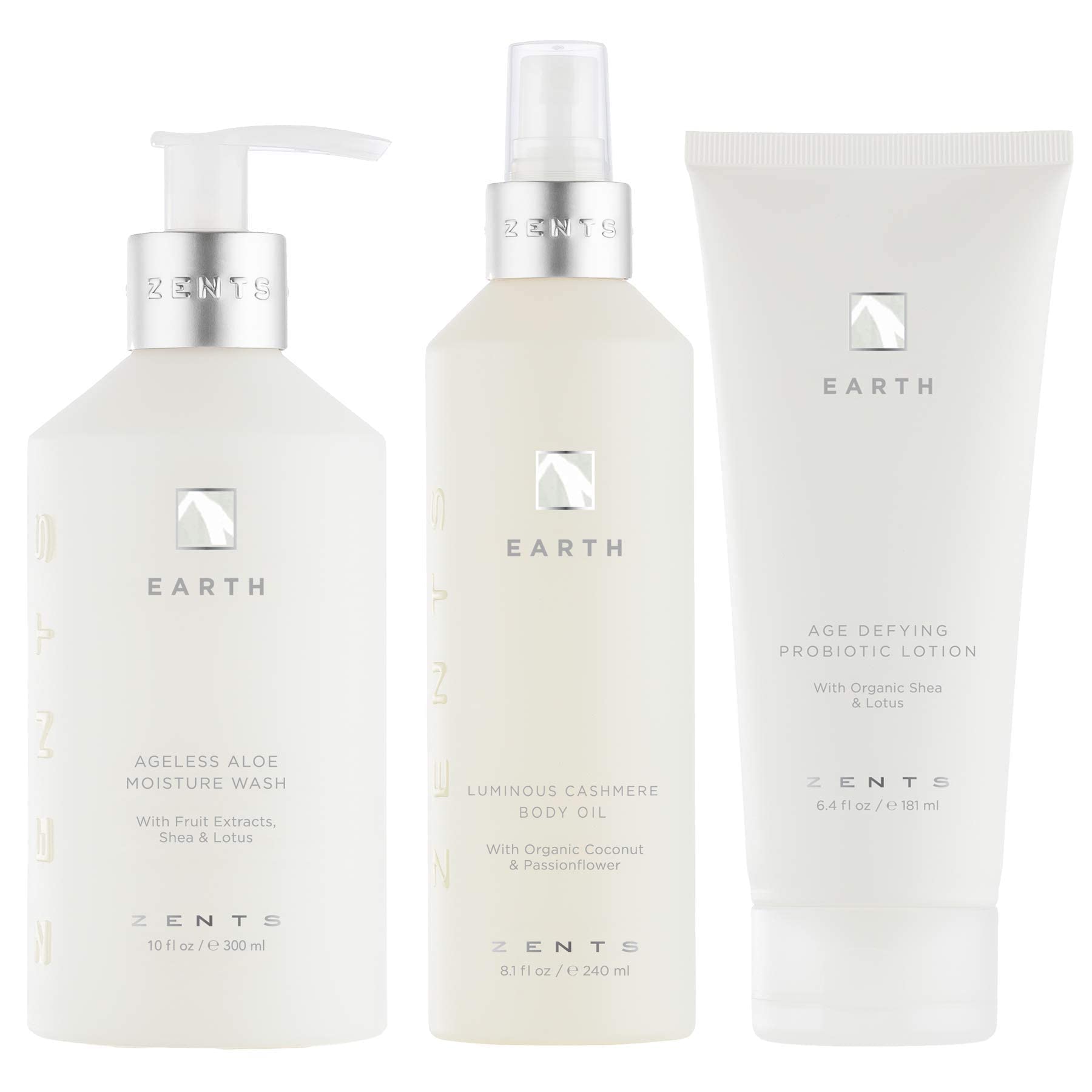 ZENTS Age-Defying Body Wash, Lotion & Cashmere Oil Set (Earth Fragrance) | Moisturizing & Nourishing Trio for Dry Skin | Cleanses, Hydrates & Heals Skin | 10 fl oz, 6.4 fl oz & 8 fl oz
